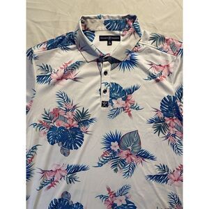Society of Threads Mens L Hawaiian Tropical Print Polo Shirt White Palms/floral‎